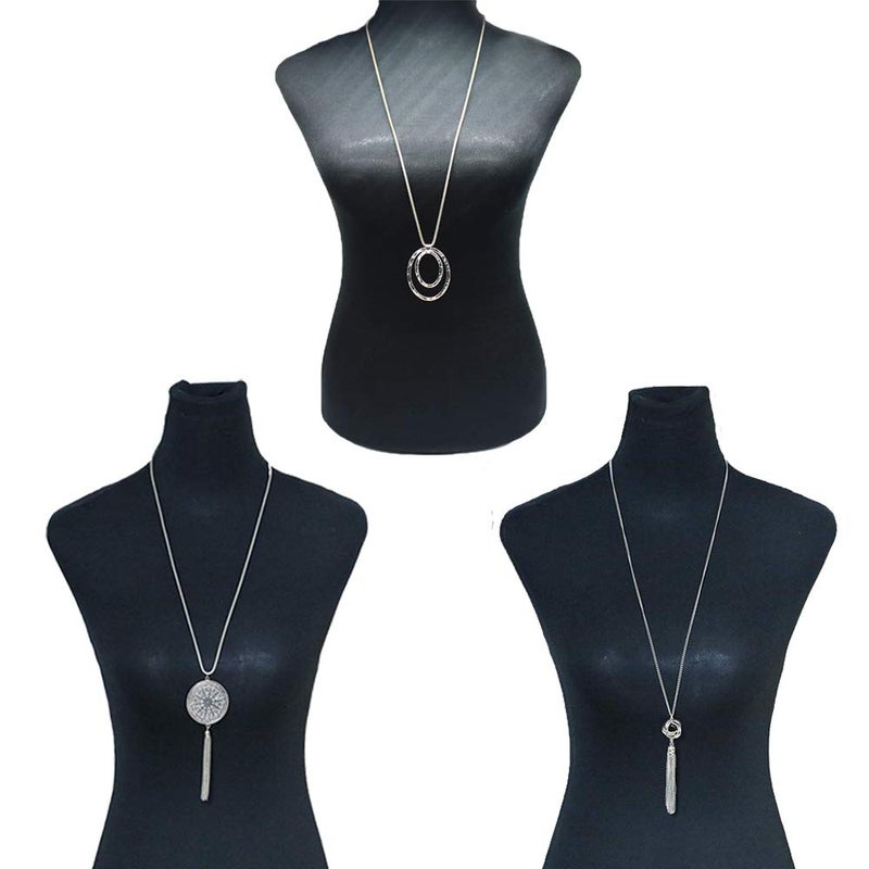 SEVENSTONE 3PCS Long Pendant Necklaces for Women Knot Disk Circle Tassel Statement Sweater Silver Necklace Set - Image 2